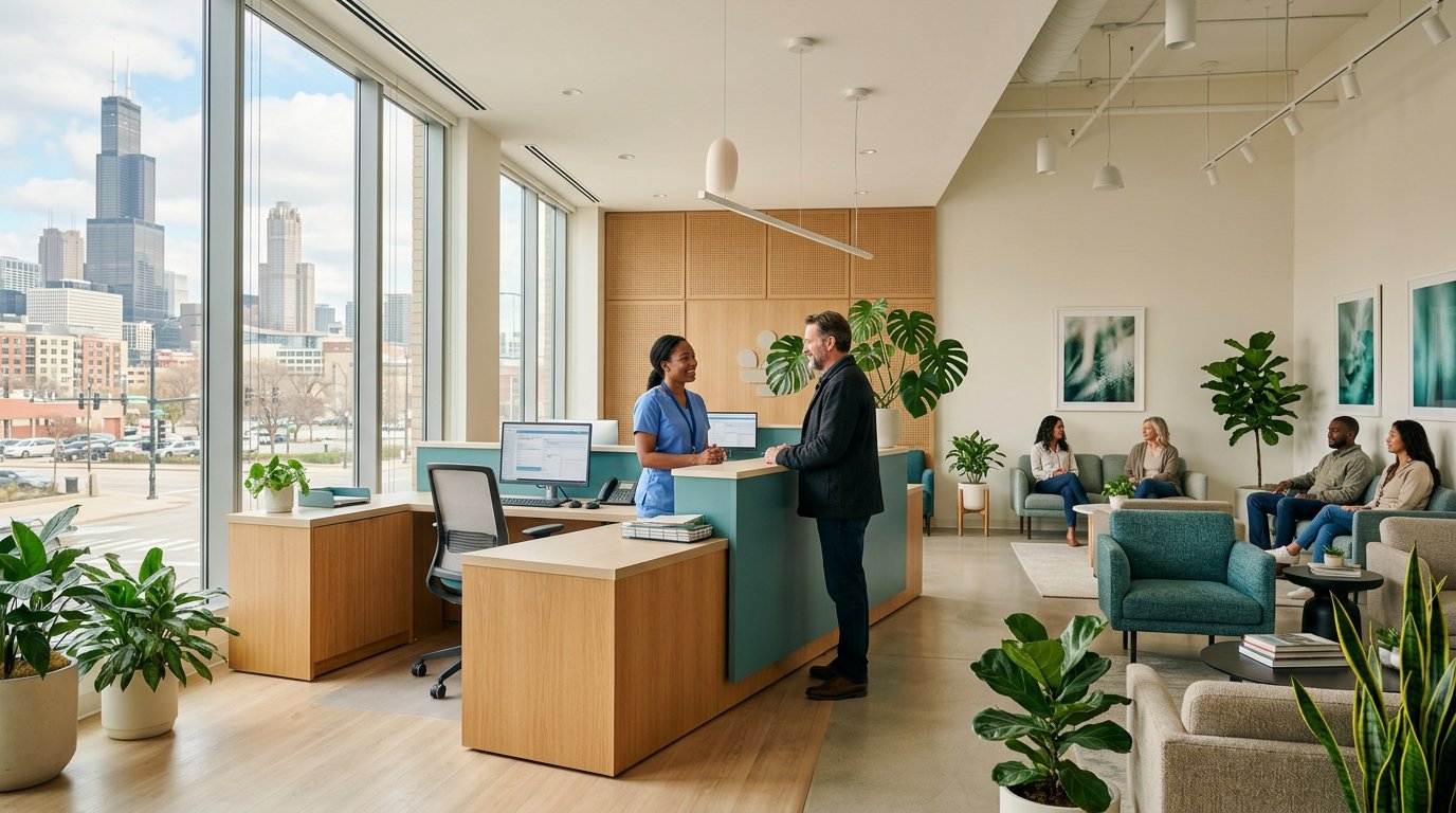 The bright reception area at Health Vital Fitness in Chicago